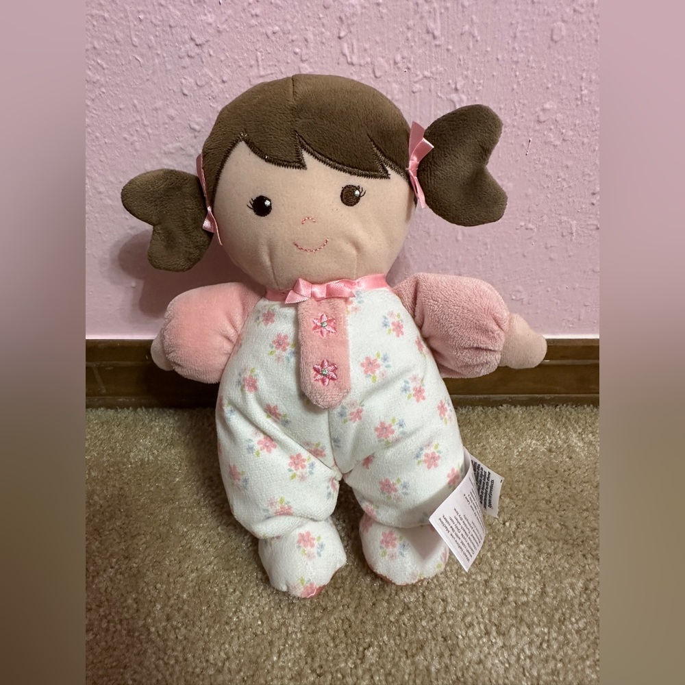 Baby Starters Plush Baby Doll with Rattle, Brunette Olivia, Pink, 9”